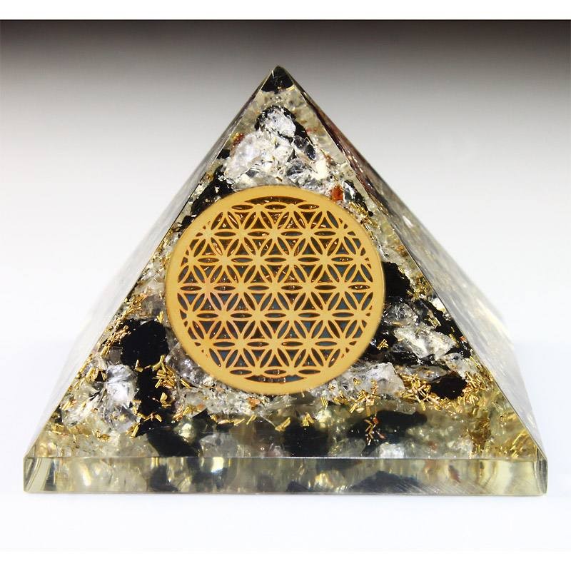Orgon Flow Pyramide Bergkristall & Turmalin & Blume des Lebens