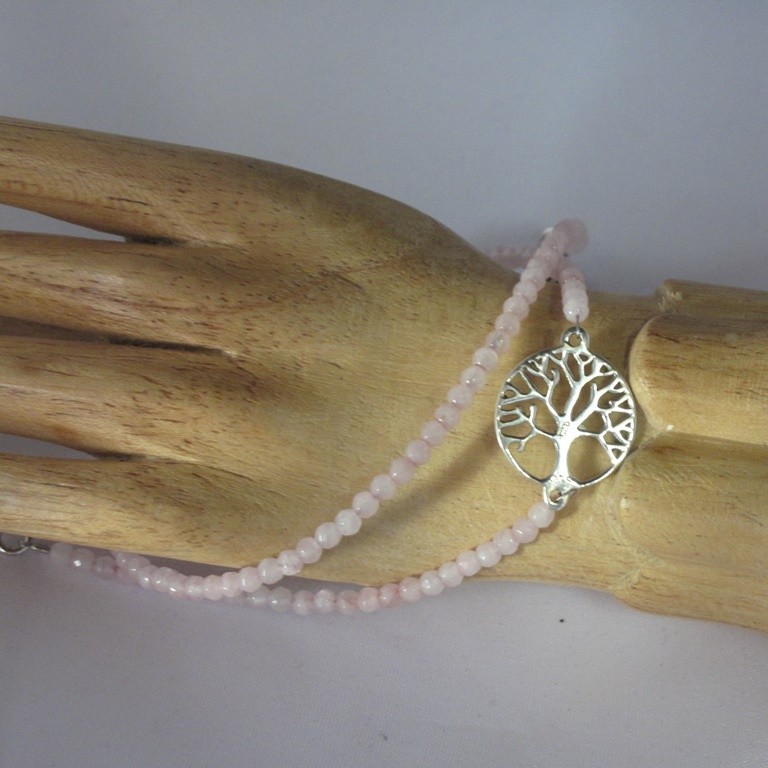 Rosenquarz 3mm faz. Doppelarmband mit Lebensbaum