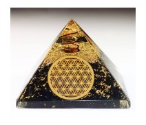Turmalin Orgon Pyramide mit Bergkristall Spitze und Blume des Lebens