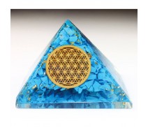 Orgon Flow Pyramide Türkis mit goldenen Splittern und Blume des Lebens gold voll gefüllt