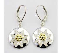 Edelweiss Blüte auf Silberscheibe 21mm Perlmutt, 925 Silber und Silber vergoldet Ohrhänger