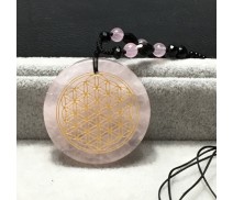 Rosenquarz Taler mit Blume des Lebens und Lebensbaum an Onyx Kette