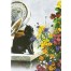 schwarze Katze mit Blumen